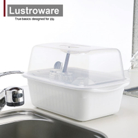 【Lustroware】日本岩崎 寬型雙層碗盤瀝水籃(附蓋) 白/綠