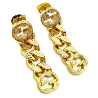 【GUCCI 古馳】Interlocking G 金色垂墜式鍊帶針式耳環
