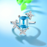 小清新花朵仿海藍寶石戒指長方形藍鉆純銀鍍金女戒歐美