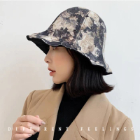 2023 Spring Genuine Leather Hat For Women Korean British Bud Shape Big Brim Basin Caps Japanese Female Printing Fisherman Top