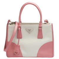 【PRADA 普拉達】三角浮雕LOGO拼色防刮牛皮手提/斜背包(白X粉紅B2863K-TALCO-PETALO)