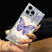 Ốp lưng điện thoại trong suốt họa tiết bướm tím vuông, chống sốc bảo vệ cho iPhone 14 Pro Max, 12, 1