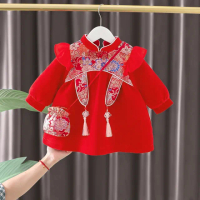【橘魔法】日式彩花刺繡刷絨旗袍洋裝(附小包包 長版上衣 旗袍 拜年服 過年 喜宴 新年 大紅 女童 兒童 童裝)