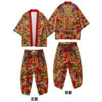 Chinese Dragon Printed Cardigan Loose Japanese Women Men Cosplay Yukata Clothing Harajuku Samurai Kimono + Pants Sets