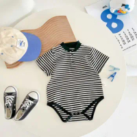 Jenny&amp;Dave 2023 Summer Boys Infant Creeper Handsome Striped Bodysuit One Year Old Leisure Creeper Children