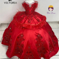 Red Satin Crystal Lace Applique Mexican Feathers Ball Gown Quinceanera Dress Sweet 15 16 Dress Corset Vestidos De 15 Años