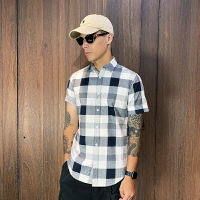美國百分百【全新真品】Calvin Klein 短袖襯衫 男款 CK 上衣 休閒 格紋 襯衫 灰黑/藍色 C341