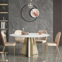 意式極簡亮光巖板餐桌客廳家用圓餐桌輕奢小戶型現代簡約旋轉圓桌
