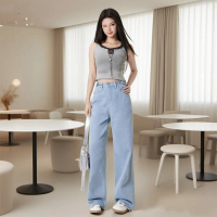 FANSHUN Celana Jeans Panjang Longgar Warna Biru Retro Gaya Korea Model Lurus Pinggang Tinggi dan Leb