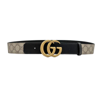 【GUCCI 古馳】GG Supreme 仿舊頭雙G拚接皮革皮帶腰帶