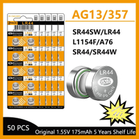 high-capacity 50PCS LR44 Battery AG13 357 303 SR44 L1154F A76 Button Coin Cell Batteries for Watches