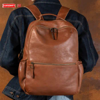 Retro Top Layer Vegetable Tanning Leather Backpack Men's Backpack Casual Leather School Bag Large Capacity Computer Bags