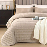 Qucover Oversized Queen Quilt Sets with Shams, Bedspreads Queen Size, 100% Cotton Beige Quilt Bedding Set for All Season,