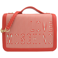 MOSCHINO LOVE系列條紋LOGO帆布翻蓋斜背包(紅/白)