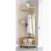 多功能晾衣架 衣帽架 簡約掛衣櫃 曬衣架 【轉角衣帽架-置物籃-輕奢金-帶輪子】