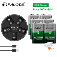 100% PALO 9v Battery 6LR61 6F22 006p 9V nimh 300mah Rechargeable battery For Alarm,Toys,Walkman Rechargeable 9v Batteries