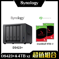Synology DS423+ 4Bay NAS 網路儲存伺服器＋希捷 Seagate 4TB NAS專用硬碟-兩入組