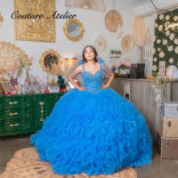 Mexican Blue Tulle Ruched Train Spaghetti Quinceanera Dress For 15 Party Formal Dress Ball Gown 16 Birthday Princess Gown Gowns