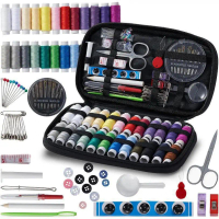 Sewing tool kit with embroidery tutorial book, set of needle and thread, sewing bag with colored thr