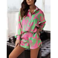 Shorts Suit Women's Summer Pajama Set 2 Pcs Print Ladies Long Sleeve Sleepwear Suit Single Breasted Pijama Suit For Female