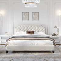 Queen size Bed Frame Platform with Comfy Upholstered Headboard Wood and Slats Support,Elegant design Adult bed,Modern youth bed