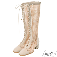【Ann’S】狩獵風格-異材質拼接絨質網狀綁帶長靴5cm(杏)