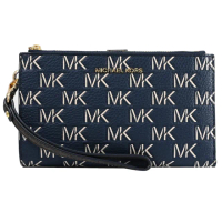 【Michael Kors】經典MK LOGO印花手提式雙拉鍊手機袋長夾(深藍)