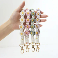 Bohemian Style Daisy Flower Macrame Wristlet Keychain Strap Wrist Lanyard Bracelet Keyring Bag Pendants Car Key Accessories