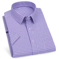 Men's Business Casual Short Sleeved Shirt Classic Striped Plaid Checked Male Social Dress Shirts Purple Blue 6XL Plus Large Size