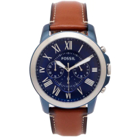 【FOSSIL】羅馬優雅風計時皮帶手錶-藍面X咖啡色/44mm(FS5151)