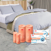 【3M】全面抗蹣柔感防蹣純棉兩用被床包四件組-雙人加大+標準型水洗枕頭2入