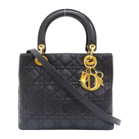 【二手名牌BRAND OFF】Dior 迪奧 黑色 羊皮 籐格紋 Lady Dior 兩用包