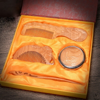 小圓鏡化妝鏡套裝 復古桃木隨身鏡雙面折疊木質梳妝鏡中國風梳子