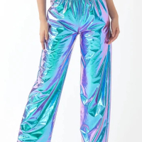 Classic Women Adult Shiny Straight Leg Pants Casual High Waist Metallic Pants Super Long Holographic Pants Disco Bottoms
