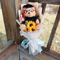 Graduation Bear Doctor Cap Bear Plush Bouquet Toys with Sunflower Cute Teddy Bear Doll Student Graduation Souvenir Birthday Gift