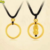 New Inlaid Method Circle Necklace Brave Spring Black Rope Pendant Plated 100% Real Gold 24k 999 Pure 18K Gold Jewelry