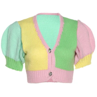 Women Short Sleeve Crop Top Sexy V-Neck Button Knit Sweater Cardigan