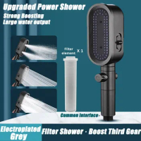 New Design 3 Modes High Pressure Shower Head Built-in Filter Handheld Adjustable Button Water Saving Nozzle Bathroom Accessories