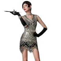 Women's 1920s Gatsby Sequin Beaded Tassels Hem Flapper Dress Sleeveless Gold Thread Embroidery Fringe Great Gatsby Party Dress