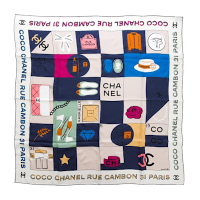 CHANEL香奈兒 COCO多精品圖案方巾(白底/米色&深藍方格)