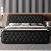 King Size Bed Frame Heavy Duty Bed Frame With Faux Leather Headboard Bedroom Furniture 12" Under-Bed Storage Black