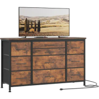 10 Dresser TV Stand with Power Outlet LED for 55'' TV Wide Console Table for Storage in Closet, Living Room, Entryway, Wood Top