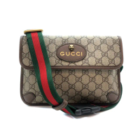 【GUCCI 古馳】GG Supreme 帆布綠紅綠織背帶腰包/斜背包(493930-咖)