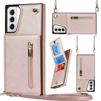 Zipper Wallet Case for Samsung Galaxy S20 S21 S23 FE S22 S24 Plus Note 20 Ultra Card Holder Lanyard Crossbody Leather Cover