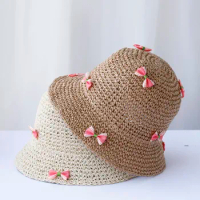 2024 New fashion bowknot Foldable bucket hat UV Protection sun hat For Beach,Travel And Vacation handmade straw hat