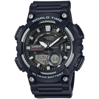 【CASIO 卡西歐】世界時間雙顯電子錶-黑(AEQ-110W-1A)