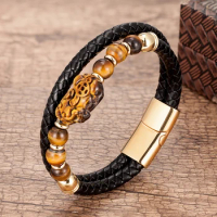 100% Natural Gem Stone Bracelet Round Crystal Tiger Eye Beads Leather Charm Bracelets Men Feng Shui Bangles Wristband For Women