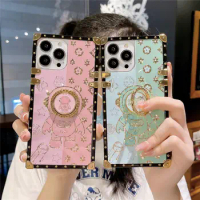 Astronaut Plated Flower Diamond Ring Holder Square Case For OPPO Reno 8 6 5 4 7 3 F21 Pro A96 A78 A58 Realme C33 X50 XT K5 X2