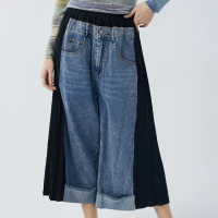 【Qiruo 奇若名品】秋冬專櫃藍黑色牛仔褲裙2092C雙拼造型褲(M-XL)