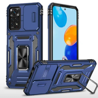 Armor Shockproof Case For Xiaomi Redmi Note 11 Pro Global 12 5G Poco X5 Metal Stand Holder Slide Push Window Back Cover